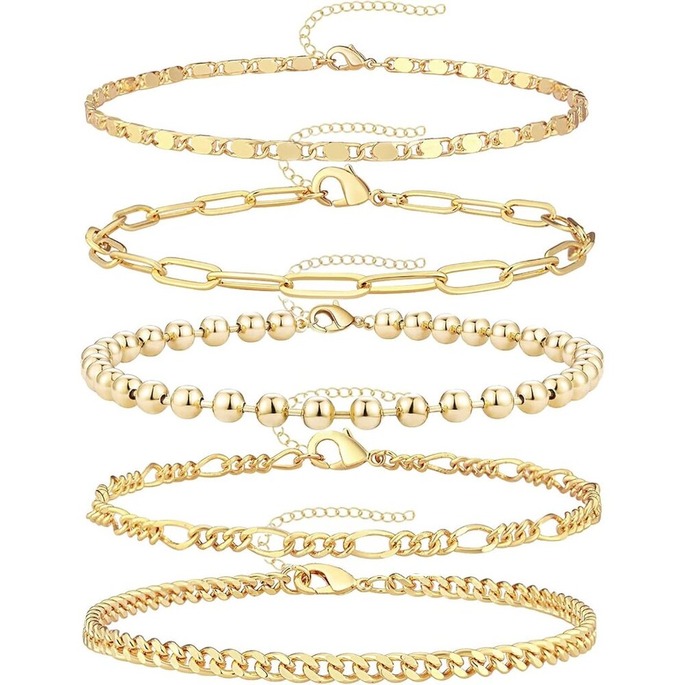Gold Bracelets Set for Women Non Tarnish Trendy,14K Gold Plated Dainty Stackable